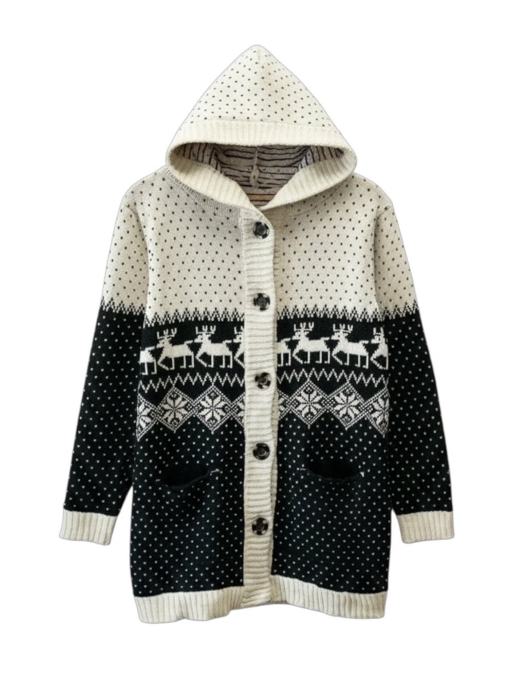 Hand Knit Cardigan Sweater Fair Isle Handmade Christmas Holiday Beige Black Smal